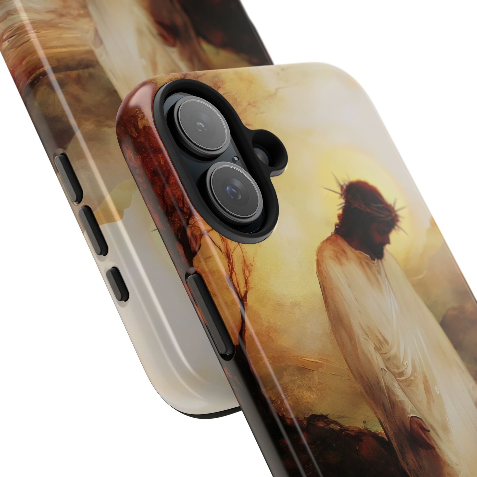 Christian phone case featuring a serene illustration of Jesus with a crown of thorns