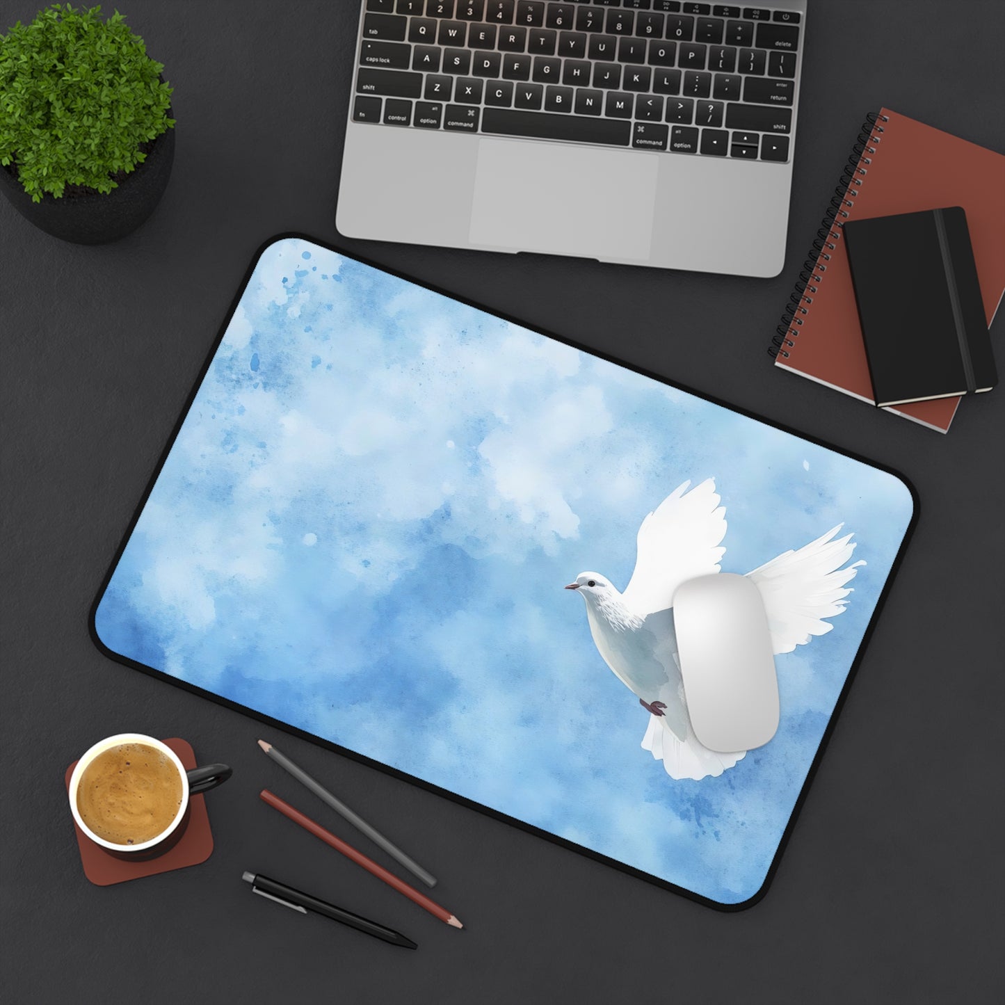 White Dove in Blue Sky Desk Mat | Peaceful Bird Mousepad