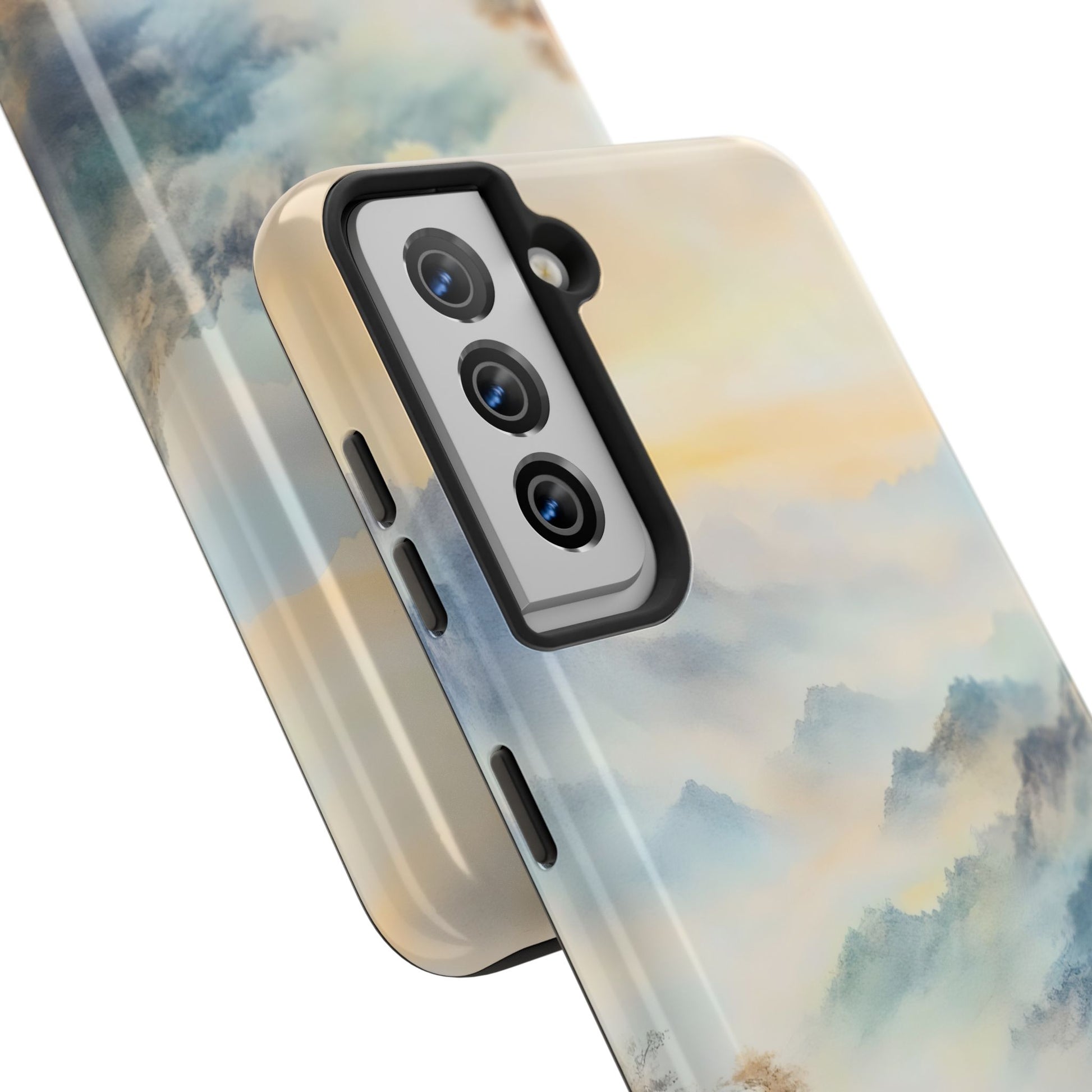 Phone case with serene watercolor cloud and mountain design, spiritual home decor accessory