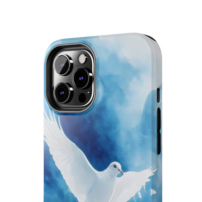 Phone case with white dove illustration on a blue watercolor sky background, inspirational design