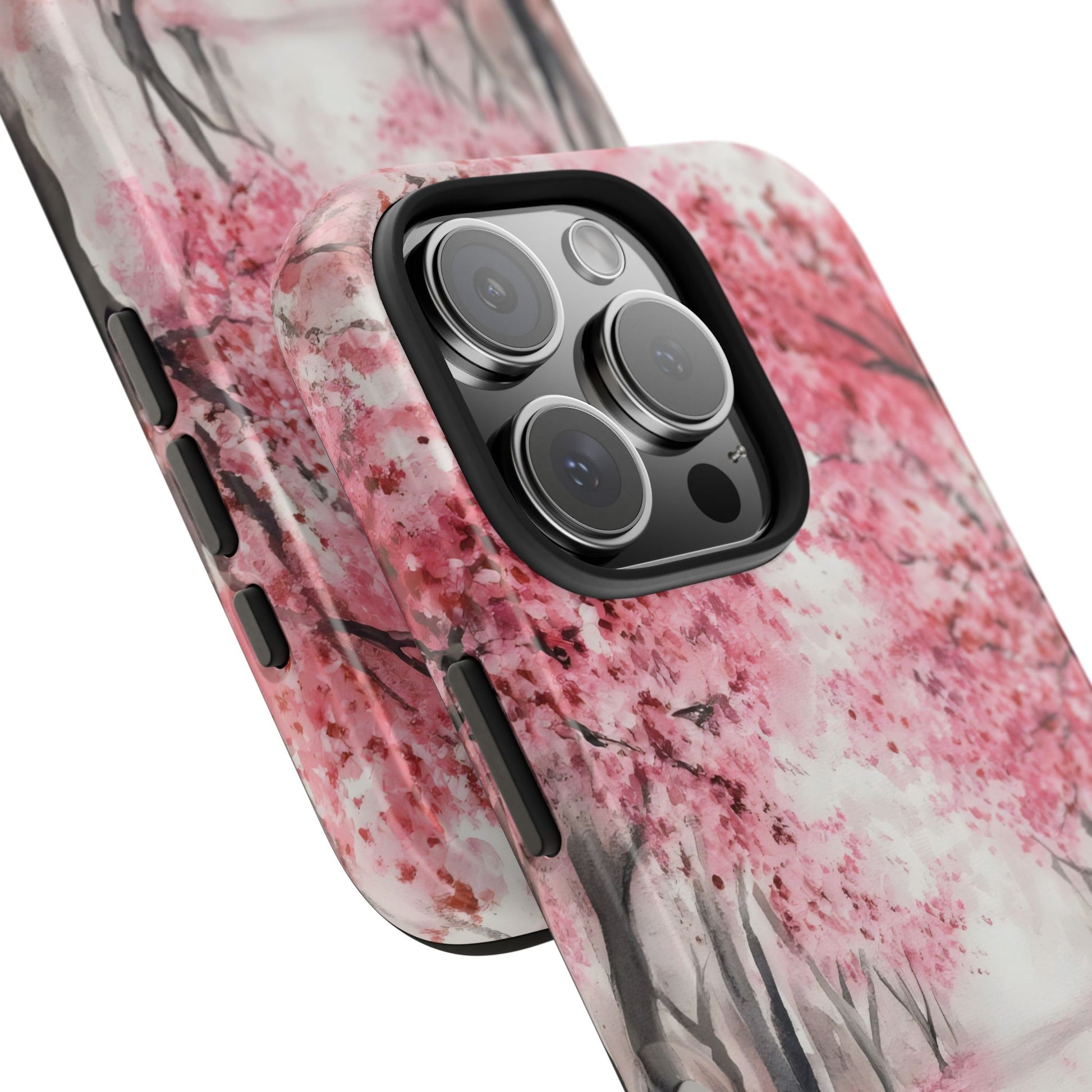 Phone case with pink cherry blossom tree design, nature-inspired protective cover