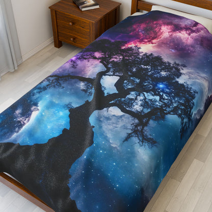 Tree and galaxy art blanket on bed, mystical bedding home decor with night sky and stars