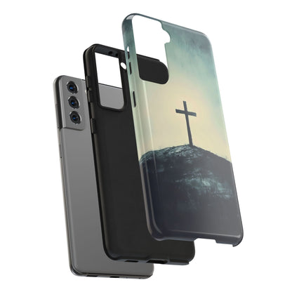 Christian phone case with cross design on a hill, spiritual protective cover for smartphone