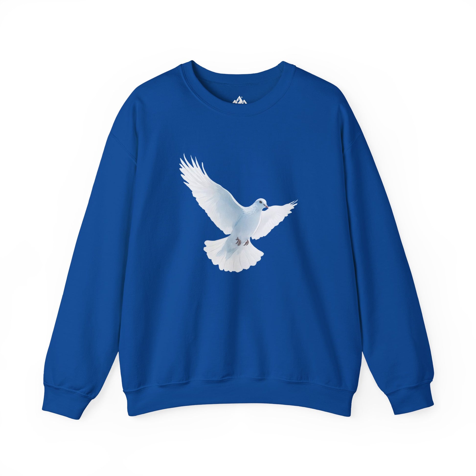 Blue sweatshirt with white dove graphic symbolizing peace and faith