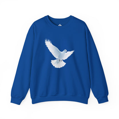 Blue sweatshirt with white dove graphic symbolizing peace and faith