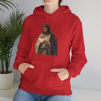 Red Christian hoodie featuring Jesus holding a lamb, faith-inspired apparel for women