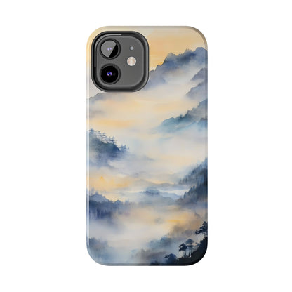 iPhone case with misty mountain watercolor landscape in blue and soft yellow tones