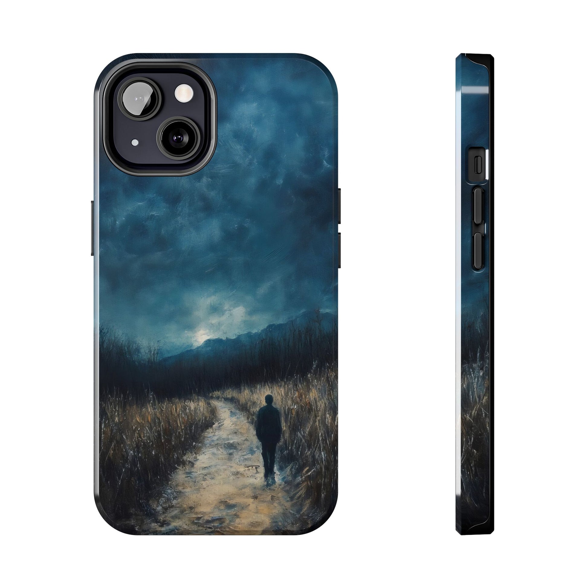Phone case featuring a silhouette walking a path at dusk with cloudy sky and mountains.