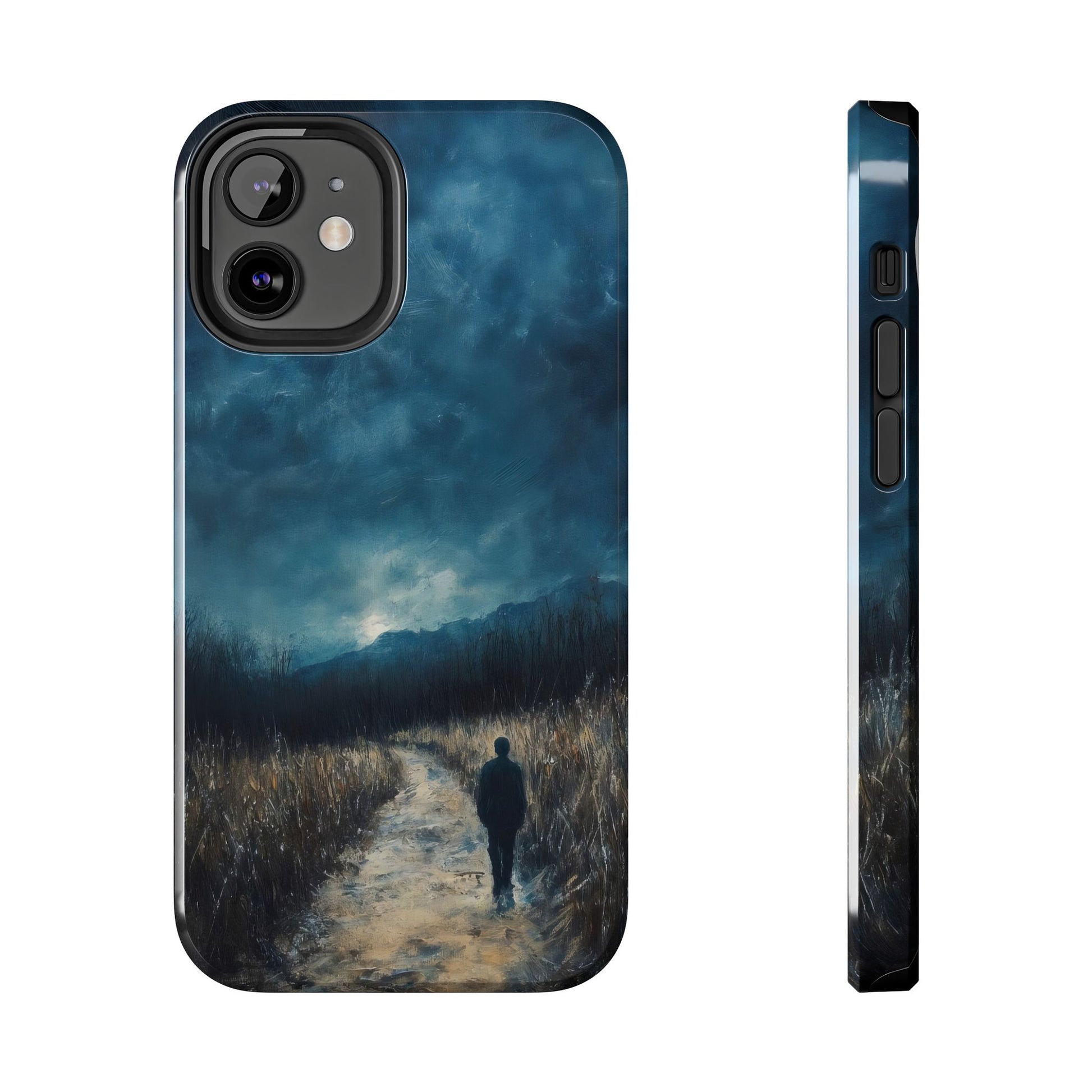 Phone case with silhouette walking on a path under moody blue sky, nature-inspired art