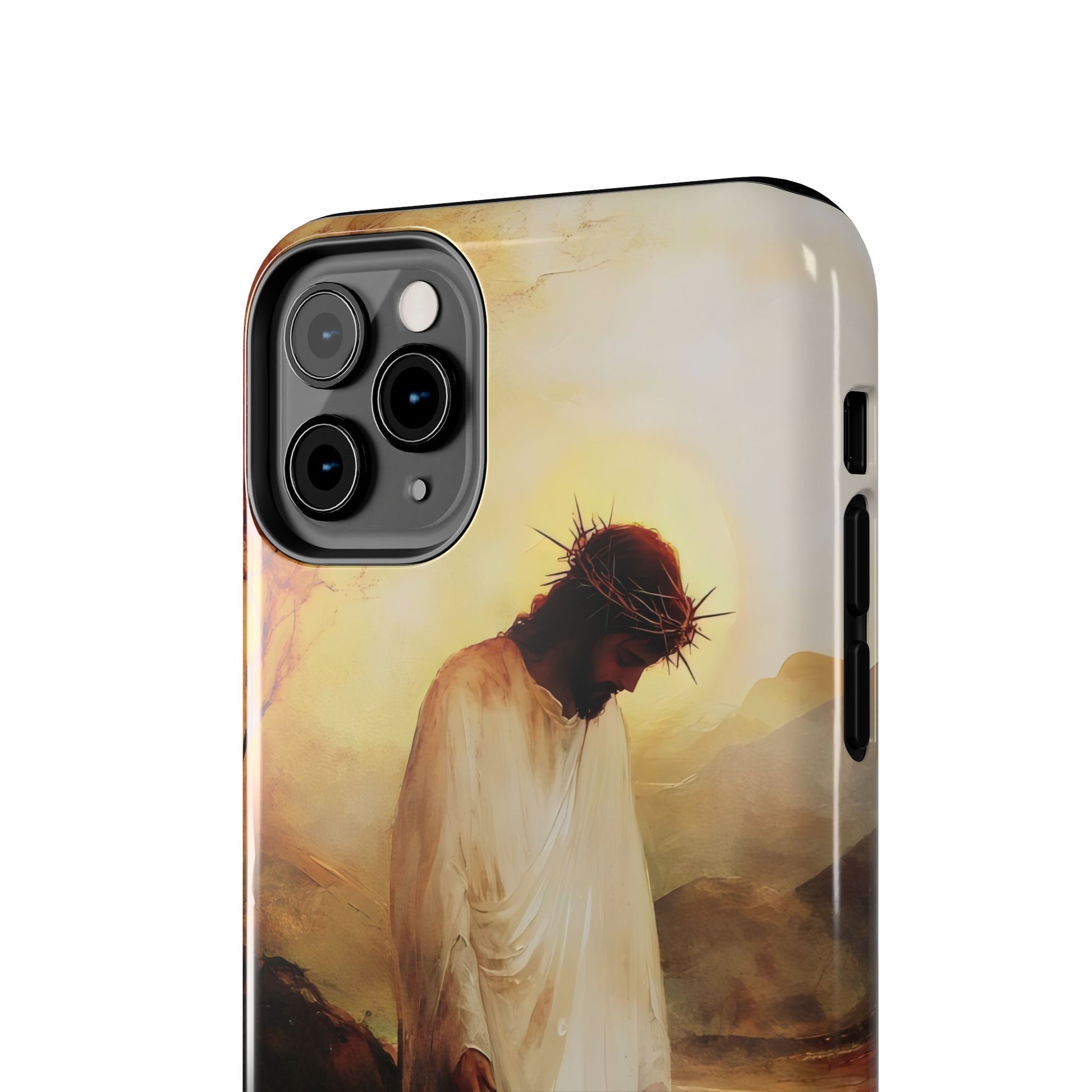 Christian phone case featuring Jesus with crown of thorns, spiritual art design, sunrise background