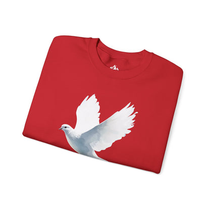 Red Christian t-shirt with white dove graphic symbolizing peace and faith.
