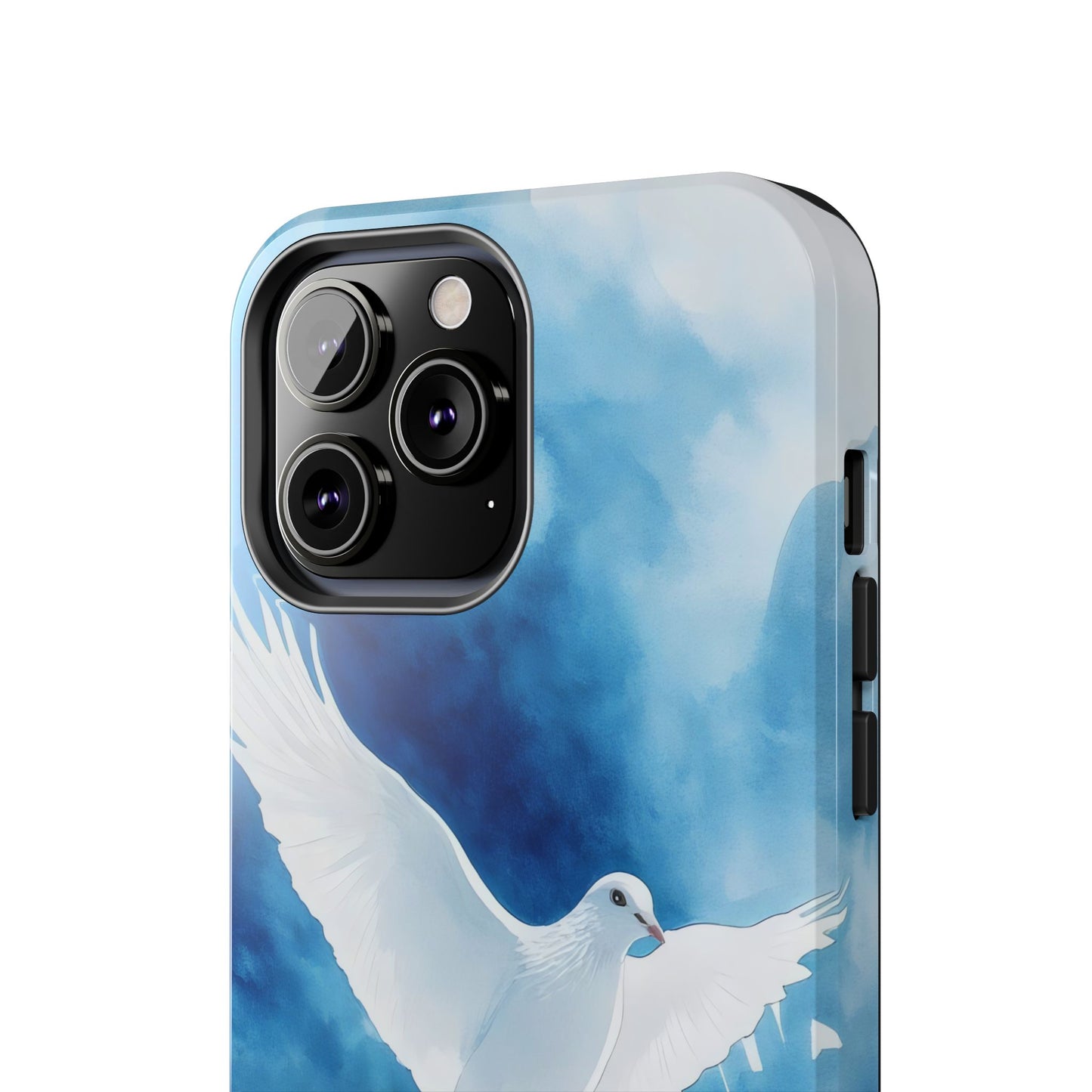 Phone case with white dove illustration on a blue watercolor background, Christian art