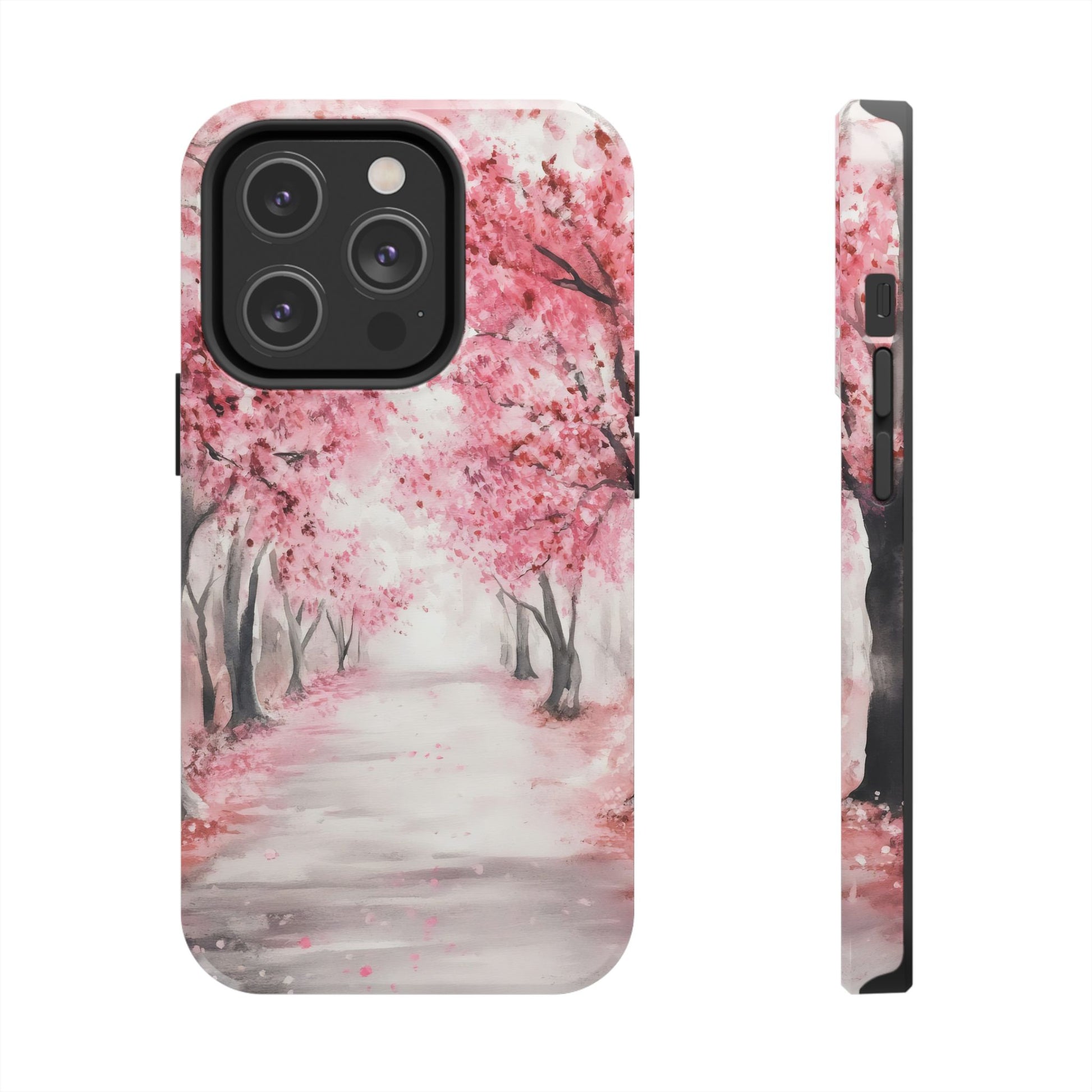 Phone case with watercolor-style pink cherry blossom trees lining a peaceful path