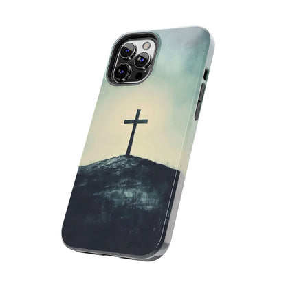 Christian phone case with cross silhouette on hill, faith-inspired minimalist design