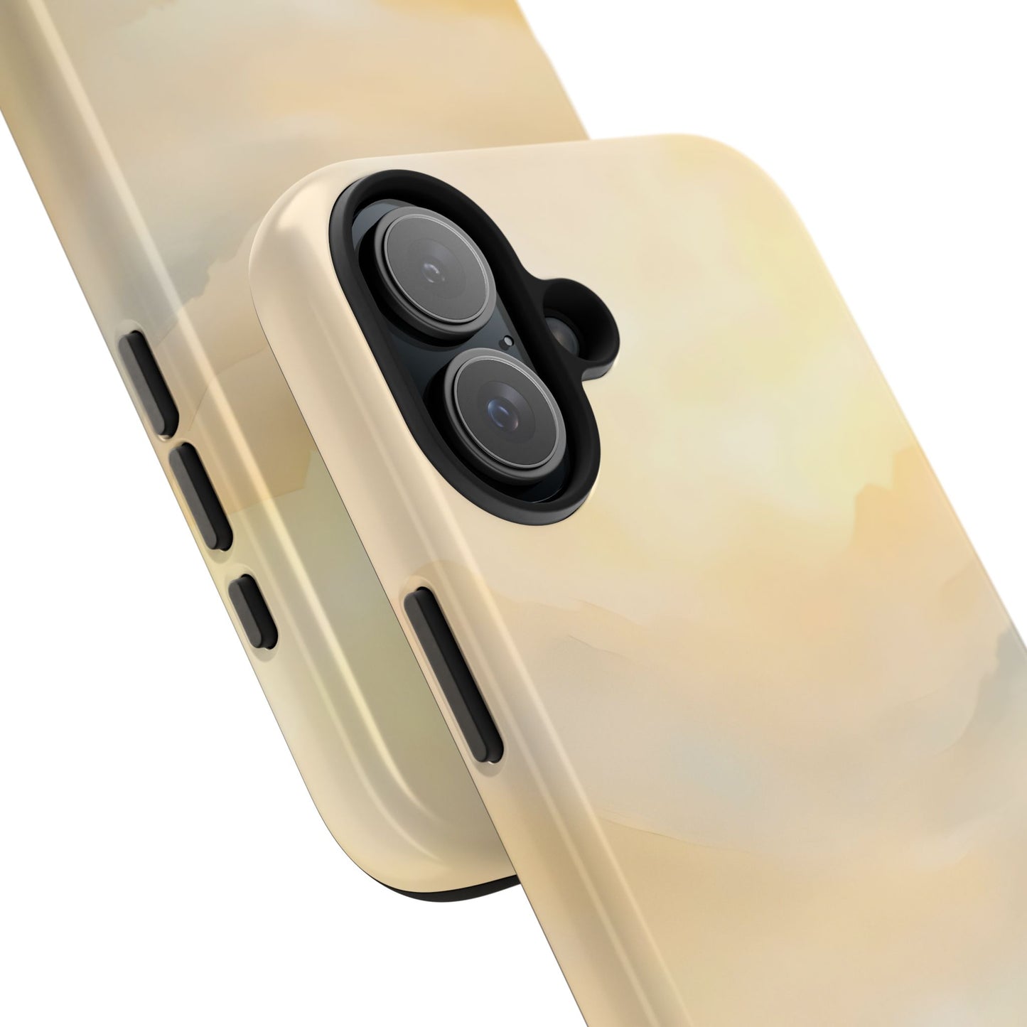 Minimalist beige iPhone case with soft watercolor design, closeup on camera area.