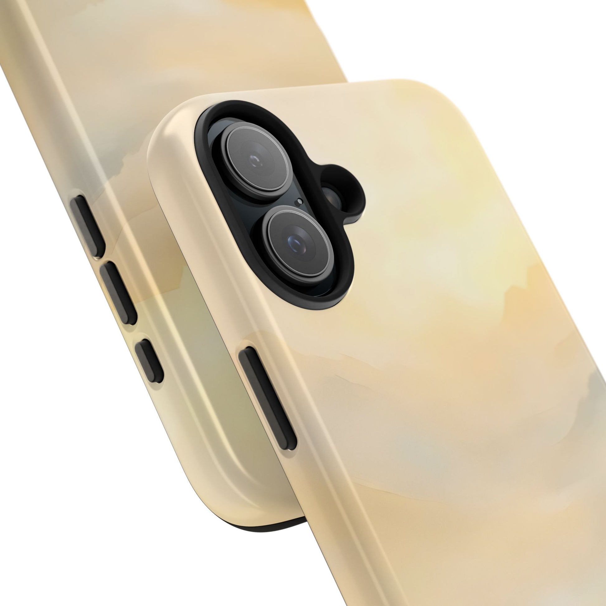 Minimalist beige iPhone case with soft watercolor design, closeup on camera area.