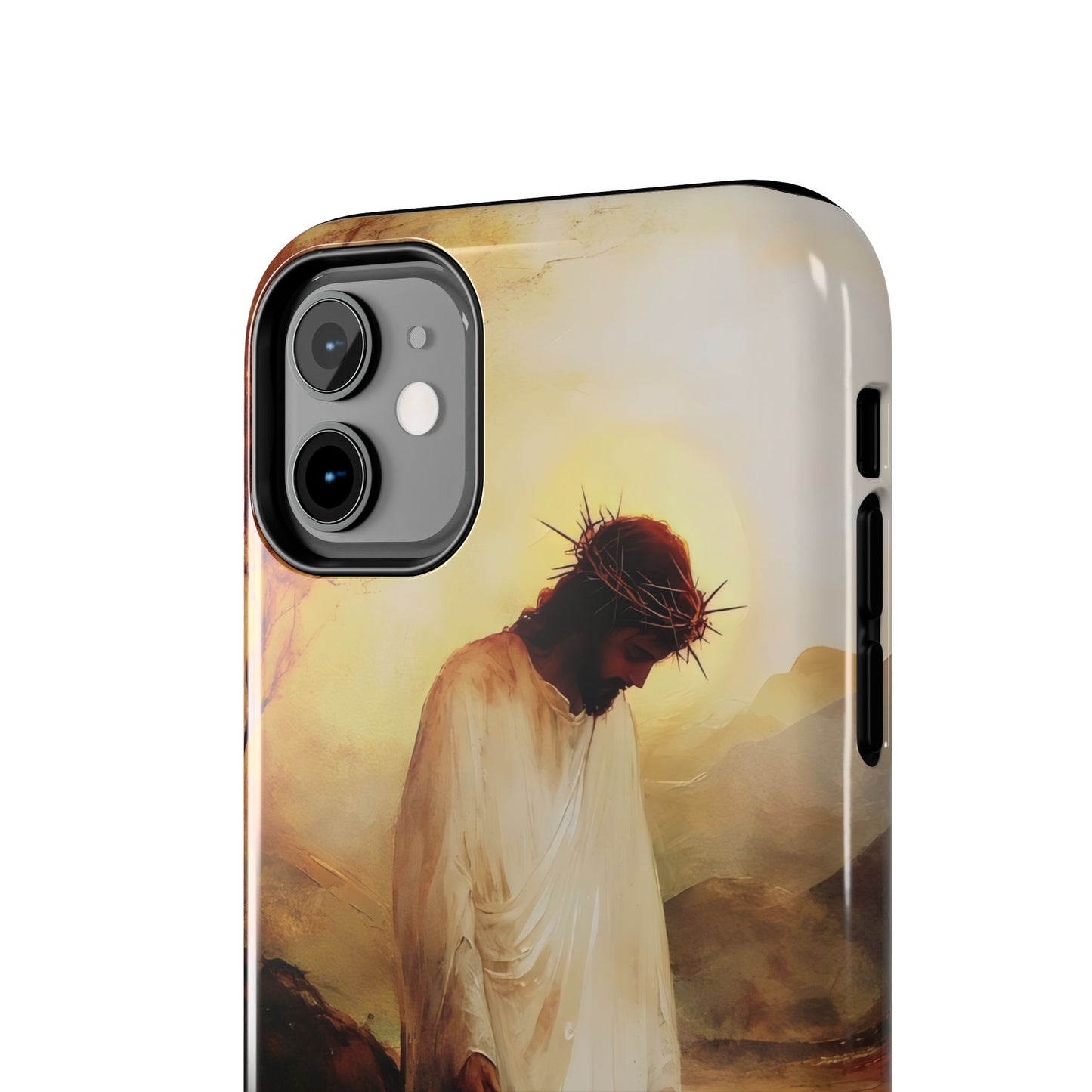 Christian phone case featuring Jesus with crown of thorns and sunlit background