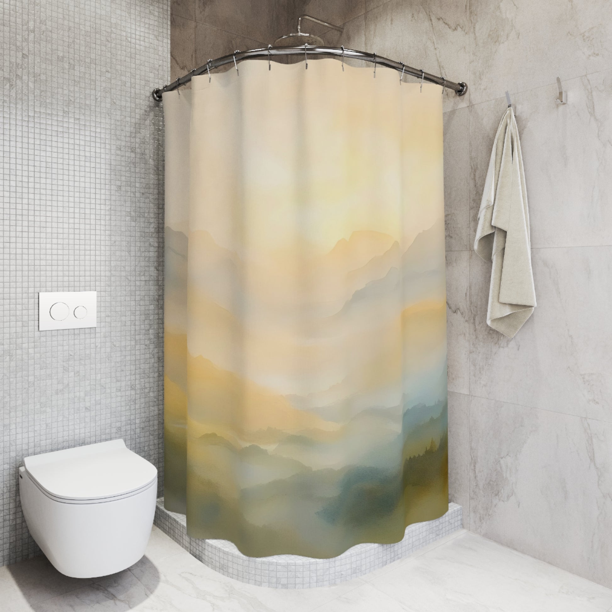 Modern bathroom with serene mountain sunrise shower curtain, soft neutral tones, wall-mounted toilet.