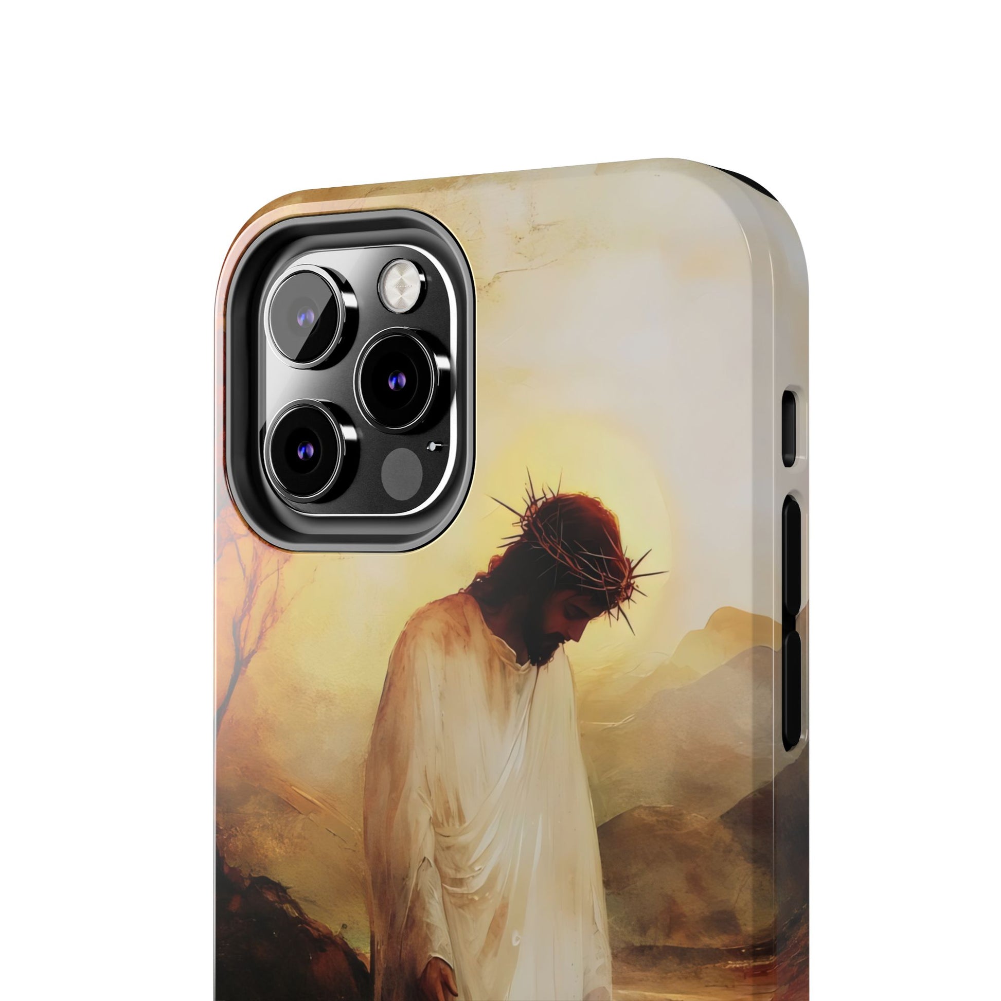 Christian phone case with Jesus wearing a crown of thorns, sunset background, faith art