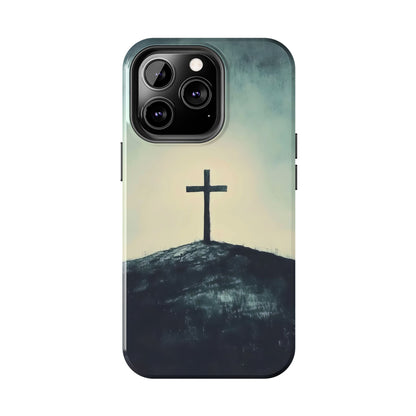 Christian phone case featuring a cross on a hill, minimalist faith-inspired design