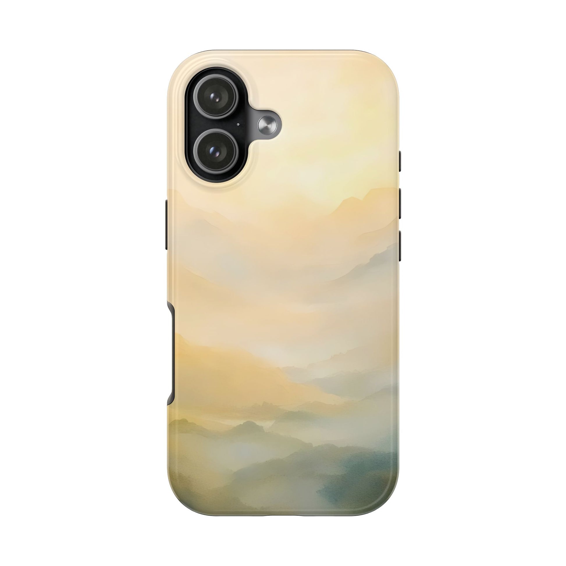 Phone case with serene pastel mountain landscape art, mindful home decor accessory