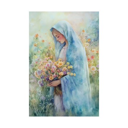 Watercolor art of peaceful woman in blue veil holding bouquet of wildflowers in a bright meadow