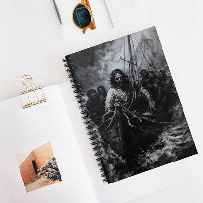 Christian-themed notebook with Jesus calming the storm artwork on desk, surrounded by stationery
