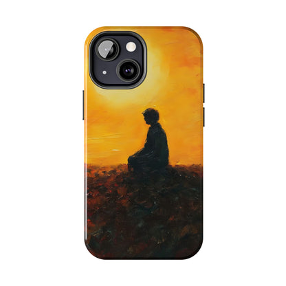 Phone case with painted silhouette of person meditating at sunset, spiritual art design