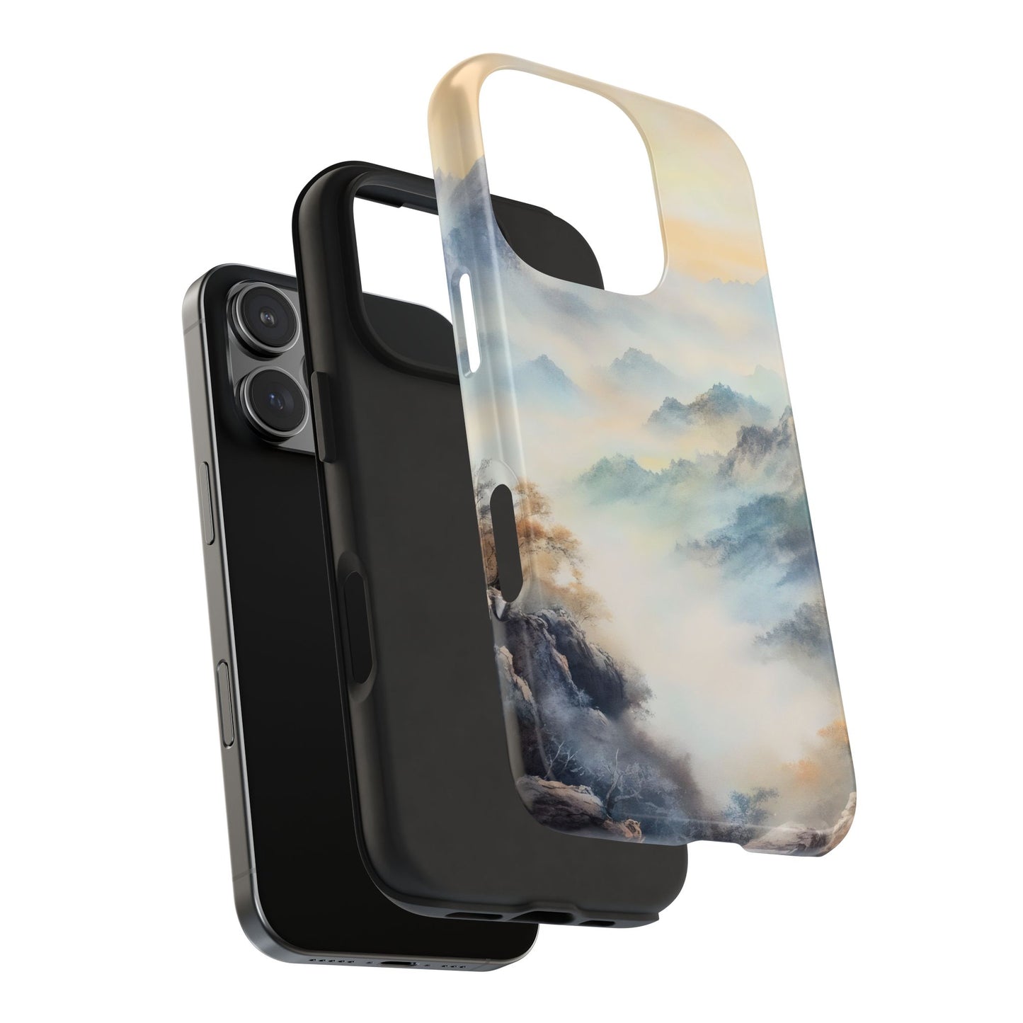 Phone case with serene mountain landscape art and soft pastel clouds, shown on smartphone.