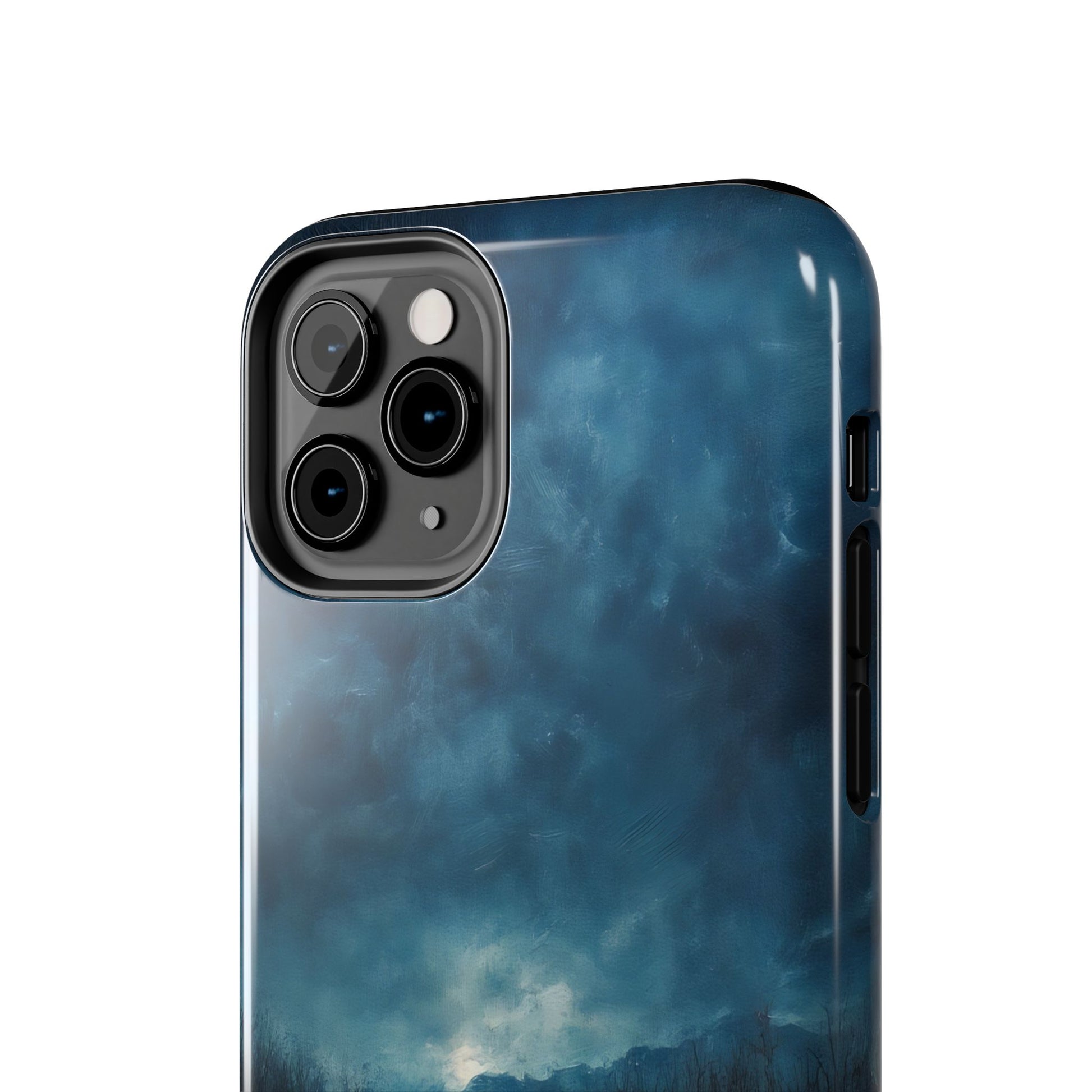 Christian-themed phone case with serene blue cloudy sky landscape design