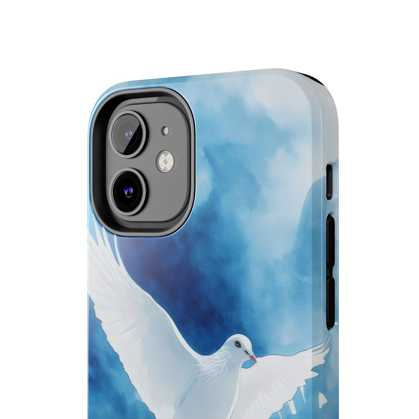 Phone case with white dove illustration on a blue watercolor background, spiritual artwork.