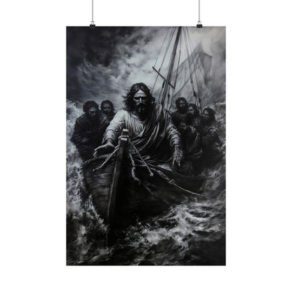 Christian wall art of Jesus and disciples in a stormy boat, spiritual black and white scene