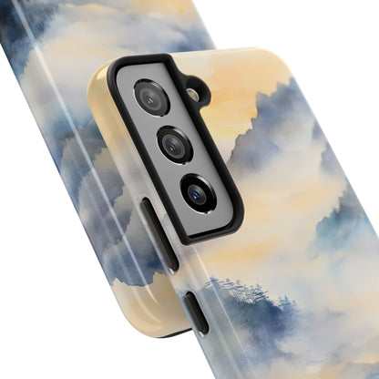 Phone case with serene blue and yellow watercolor mountain landscape design
