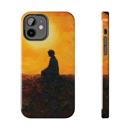 Phone case with silhouette of a person meditating at sunset, spiritual and mindful art