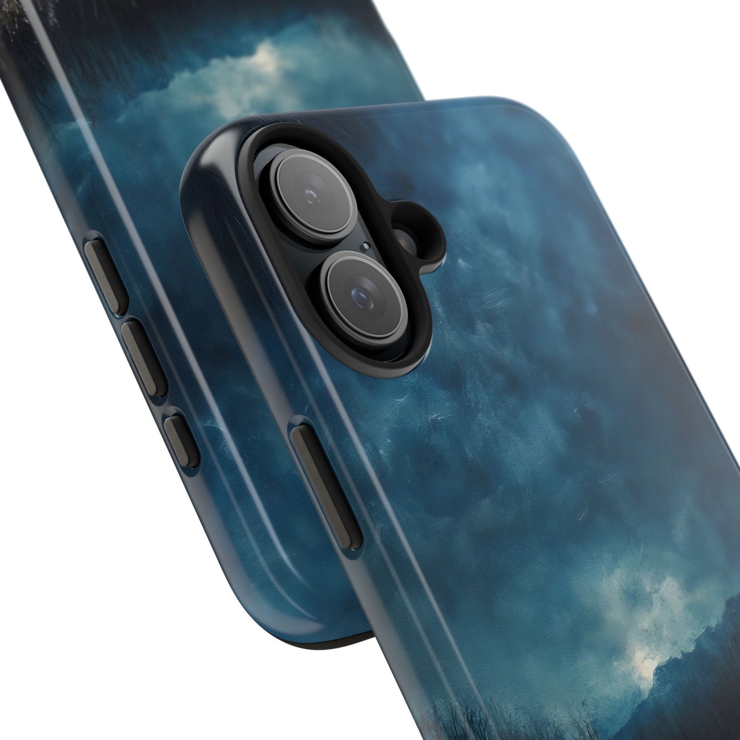 Christian phone case with moody blue cloud sky abstract design, inspirational accessory