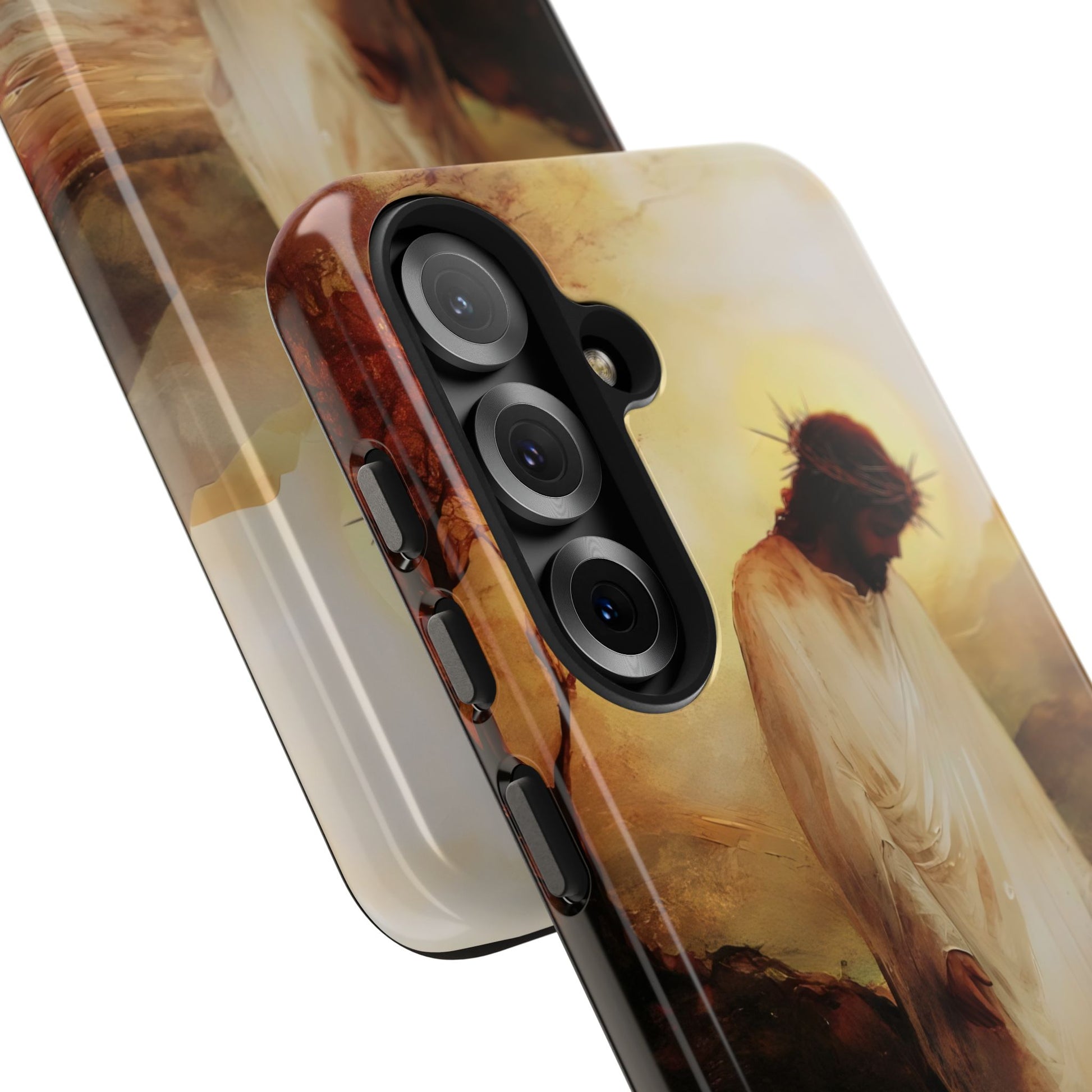 Christian phone case with art of Jesus wearing a crown of thorns, soft gold background