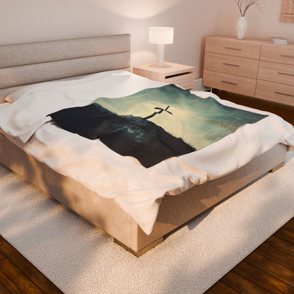 Cross on Hill Velveteen Plush Blanket — alternate bedroom mockup