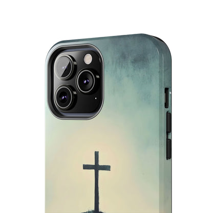Christian cross design on a phone case with a soft blue and cream background