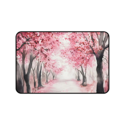 Cherry Blossom Path desk mat with pink sakura tree corridor artwork