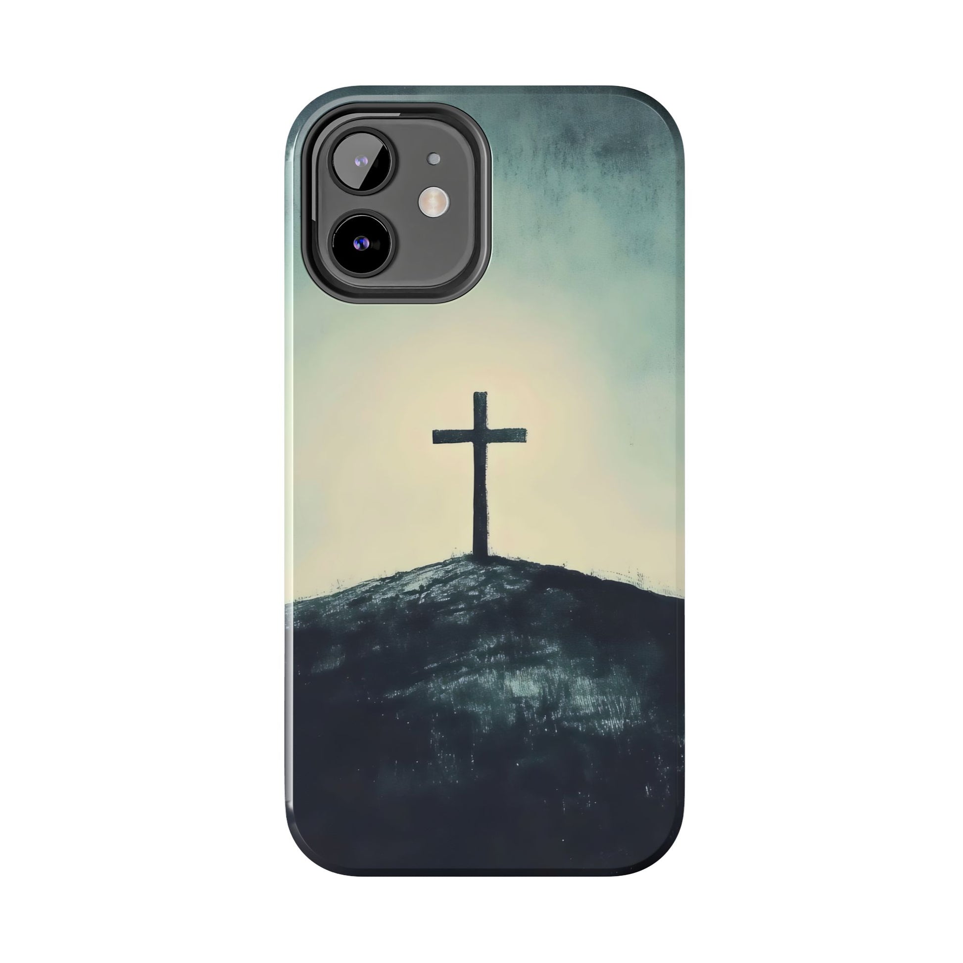 Christian cross hill art phone case, faith-inspired minimalist design, spiritual accessory