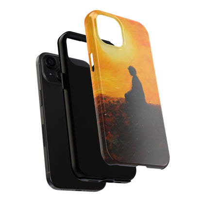 Protective phone case featuring a serene silhouette meditating at sunset in mindful art style