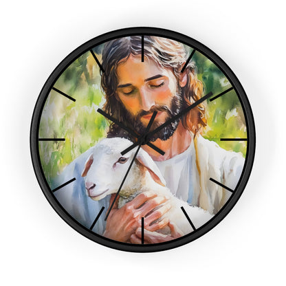 Christian wall clock featuring Jesus holding a lamb for nursery decor