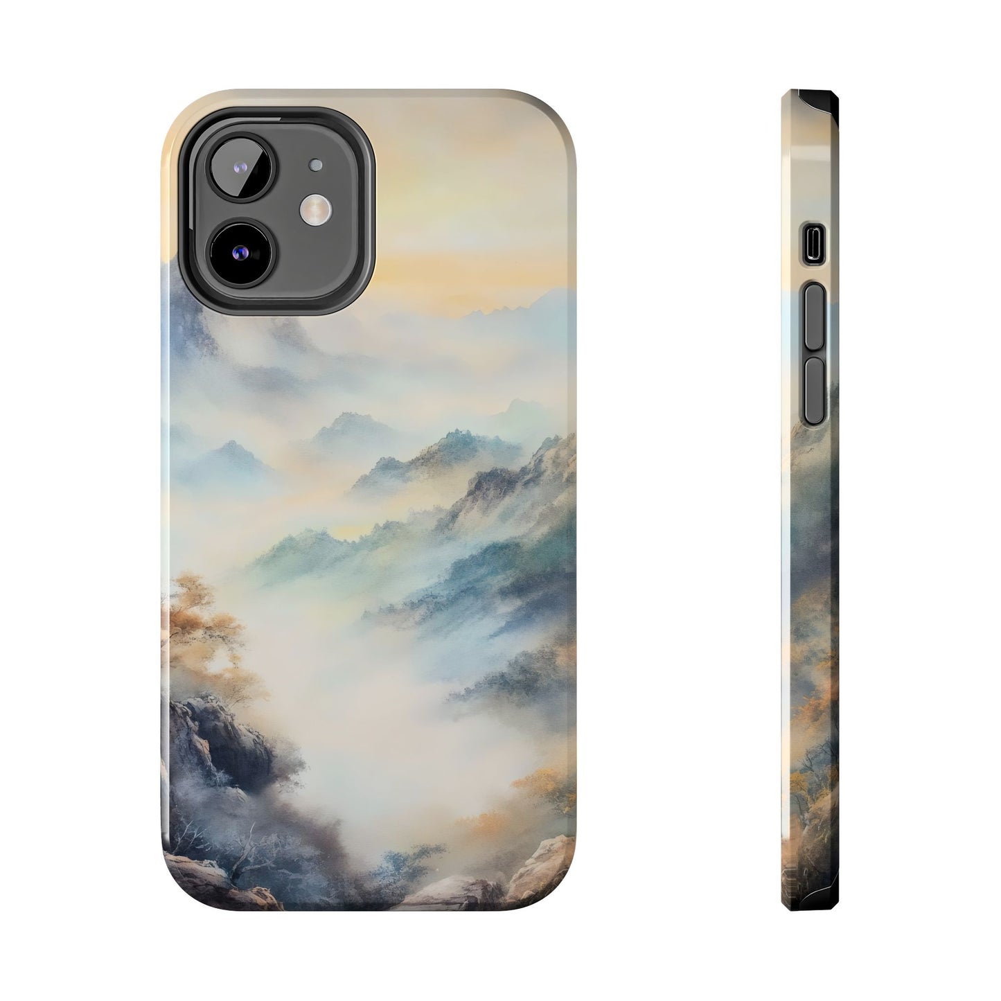 Phone case with serene watercolor mountain landscape and mist, spiritual and nature-inspired design