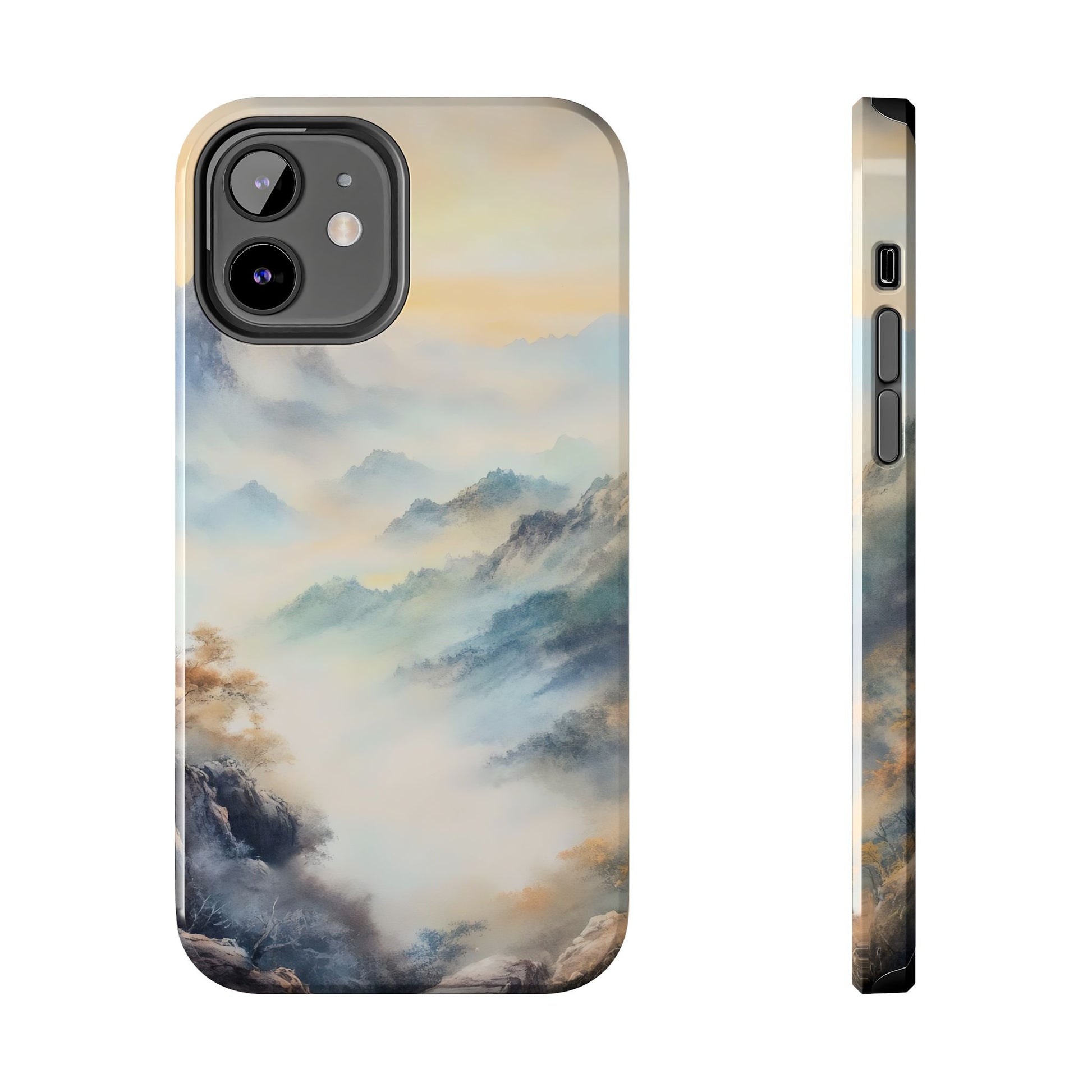 Phone case with serene watercolor mountain landscape and mist, spiritual and nature-inspired design