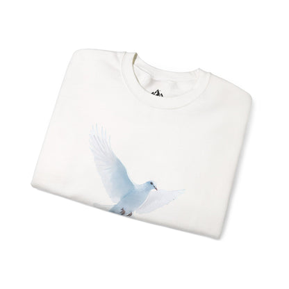 White Christian sweatshirt featuring a peaceful dove graphic, faith-inspired apparel