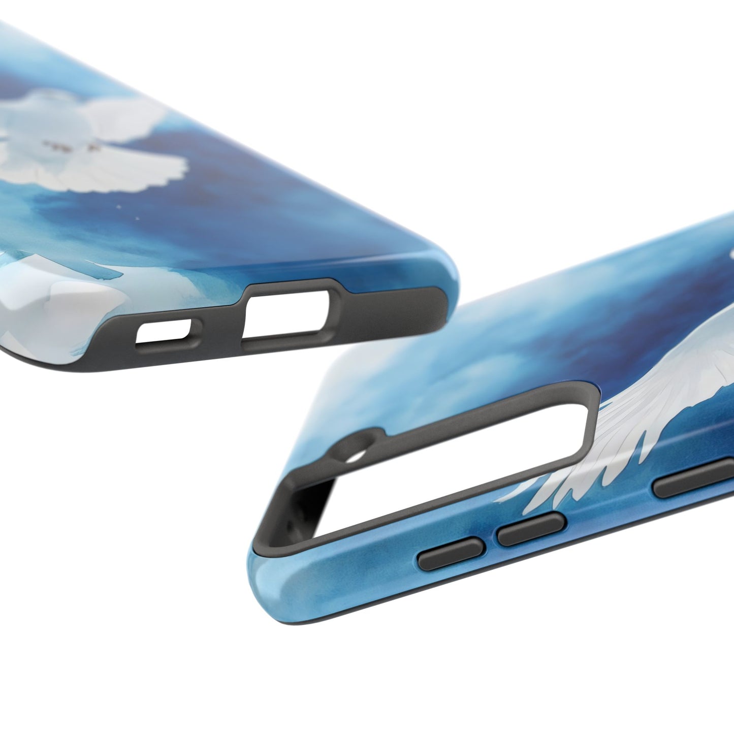 Blue phone case with dove illustration and faith-inspired spiritual art design