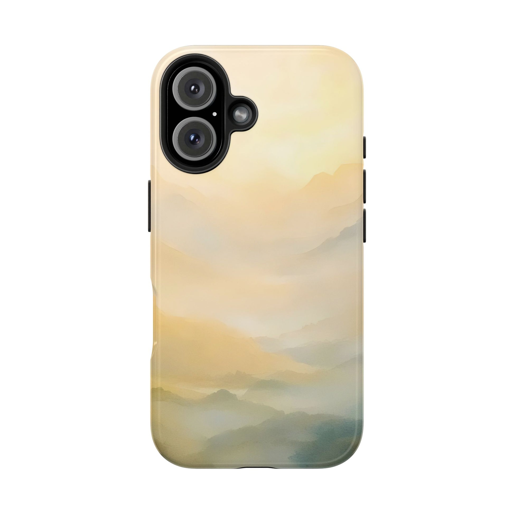 Phone case with soft pastel misty mountain landscape design, peaceful and serene style