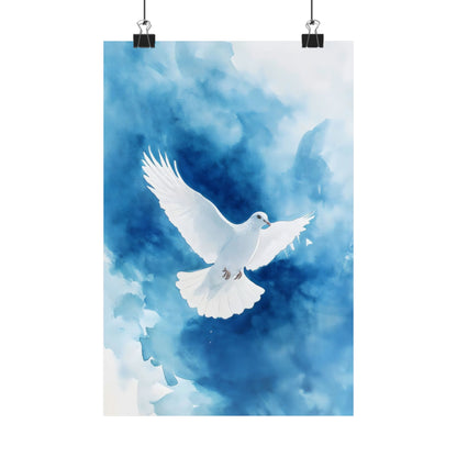White dove flying on blue watercolor background Christian wall art poster