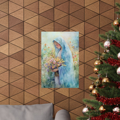 Watercolor Christian wall art of serene woman with flowers, displayed above sofa near Christmas tree.