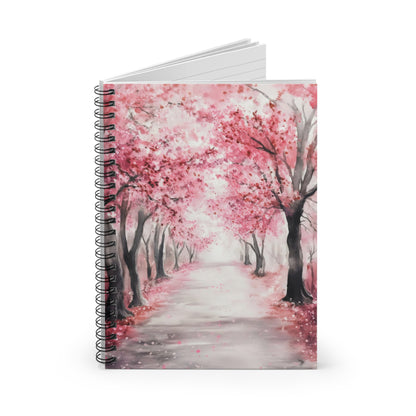 Spiral notebook with watercolor cherry blossom trees and tranquil path cover design